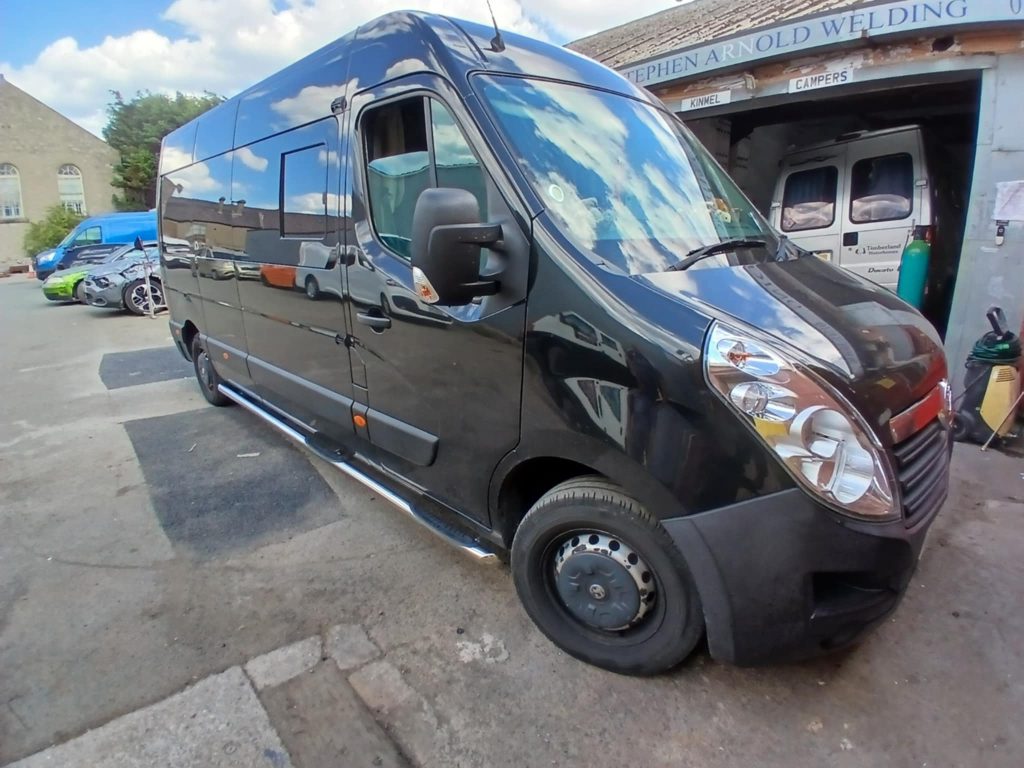 Vauxhall Movano with newly installed side bars outside Kinmel Campers workshop