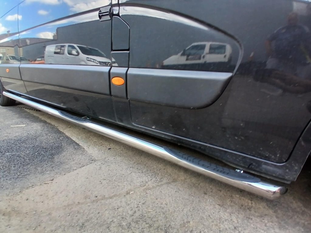 Close-up of chrome side step bar fitted to Vauxhall Movano