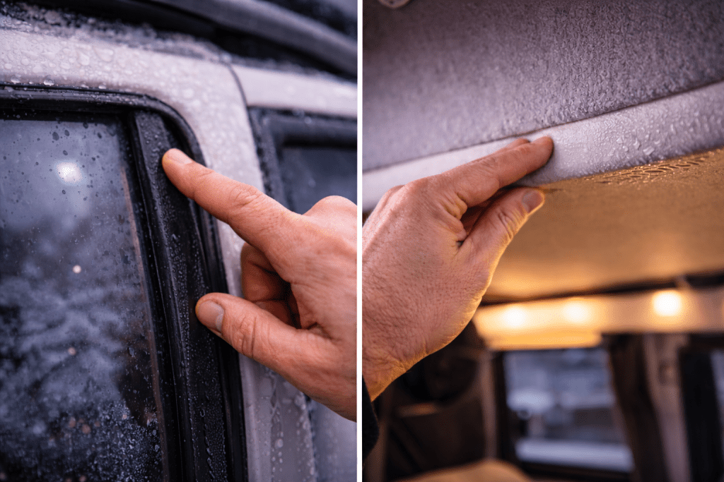 Campervan safety check UK highlighting inspection of window seals and interior panels for early signs of damp