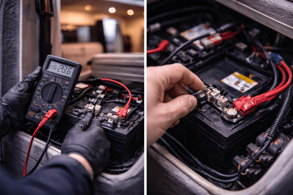 Campervan safety check UK inspecting leisure battery condition and electrical connections inside a campervan