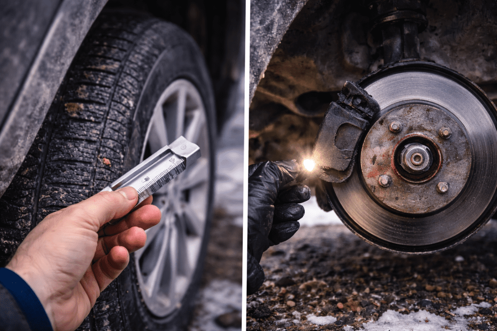 Campervan safety check UK showing tyre tread depth and brake components being checked during a DIY inspection