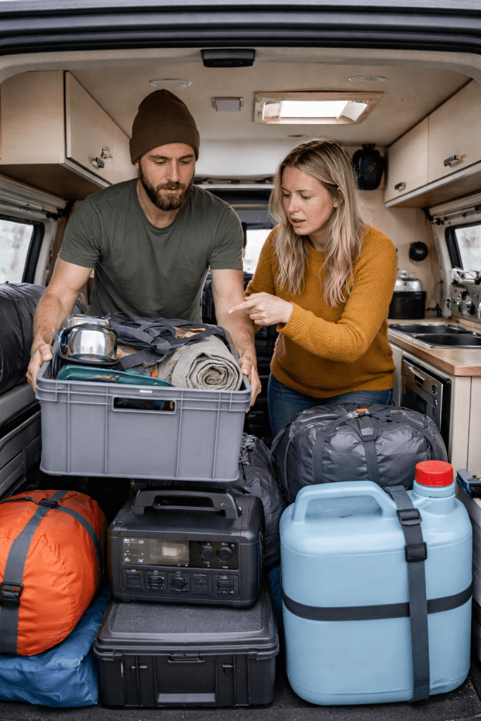 Campervan owners assessing interior load and storage, highlighting campervan weight and payload UK considerations in real-world use