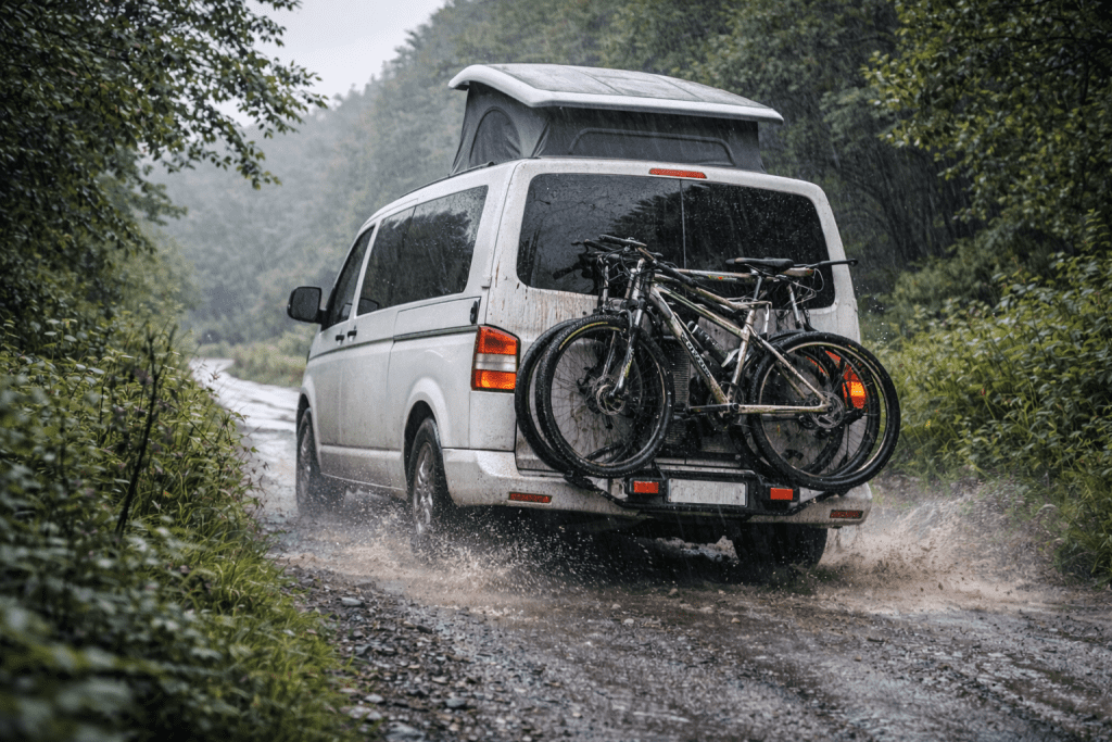 Pop top campervan driving on a wet rural UK road, illustrating how campervan weight and payload UK conditions affect stability and safety