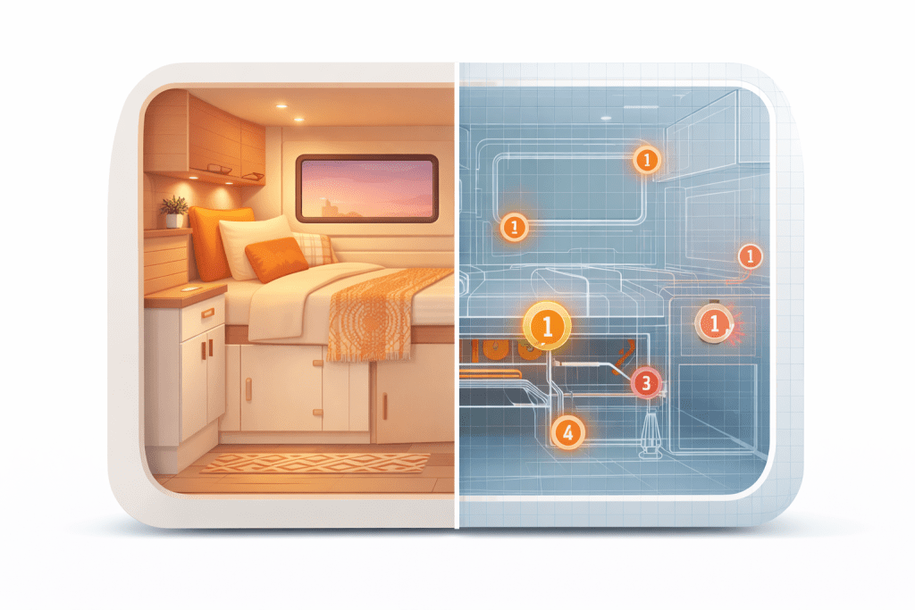 Campervan MOT compliance illustrated by a cozy campervan interior compared with a technical blueprint showing structural and mounting points."