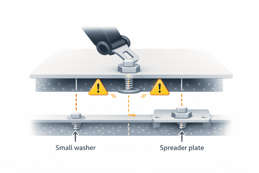 Campervan MOT seatbelt safety diagram showing a poorly mounted seatbelt bolt using a small washer instead of a correct spreader plate."