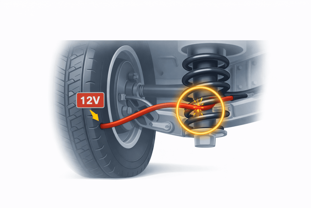 Campervan MOT electrical safety issue showing a 12V cable chafing against a moving suspension component."