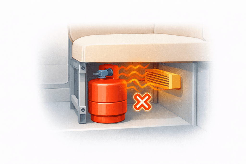 Campervan MOT fire risk illustrated by a gas cylinder stored too close to a heating vent inside a campervan."