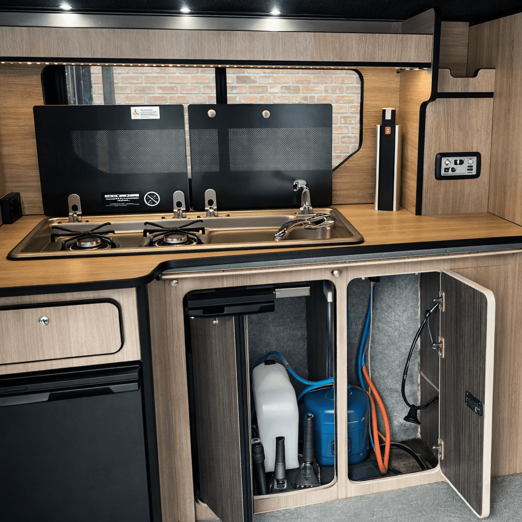 Citroen Dispatch campervan conversion twin gas hob and stainless steel sink with glass lids raised and LED lighting