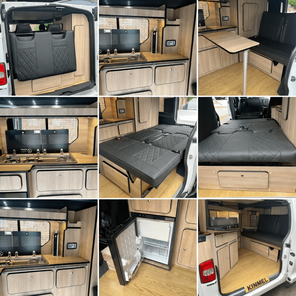 Citroen Dispatch campervan conversion showing kitchen unit and rock and roll bed layout in multiple interior views