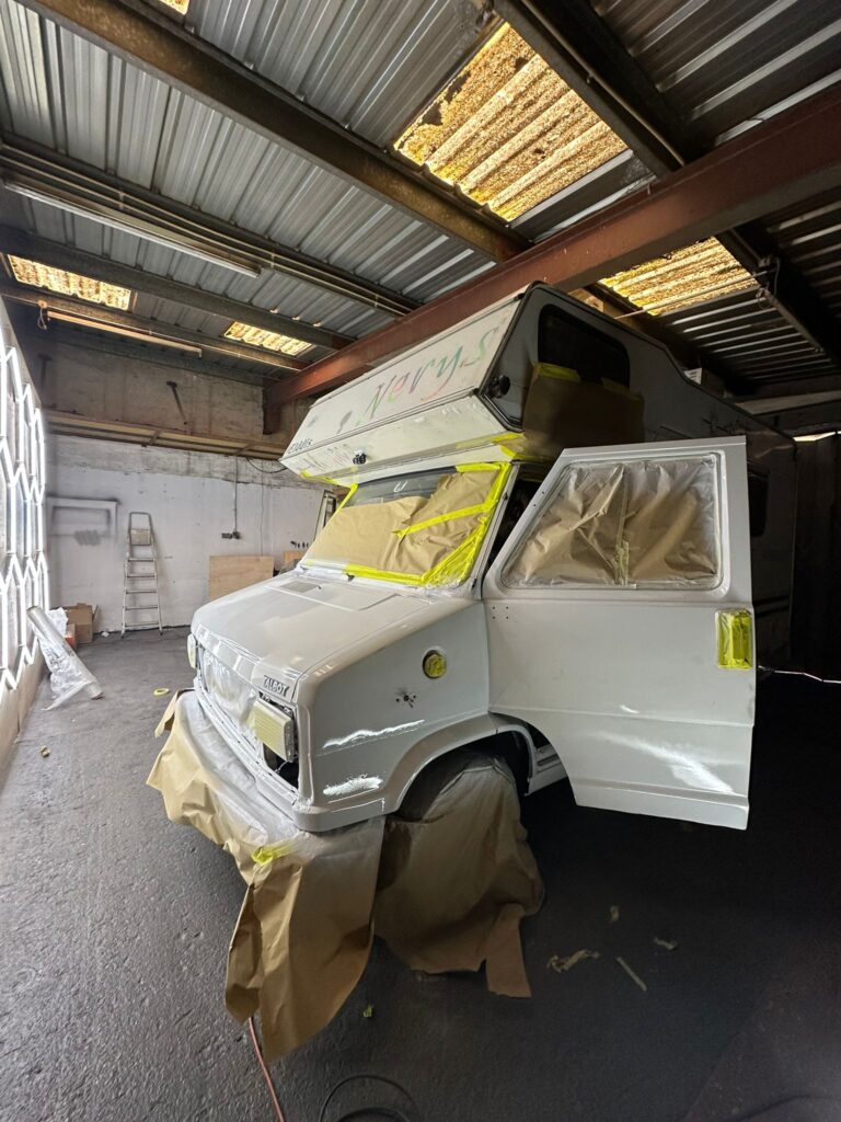 Talbot Express restoration paint preparation with full masking and bodywork ready for finishing