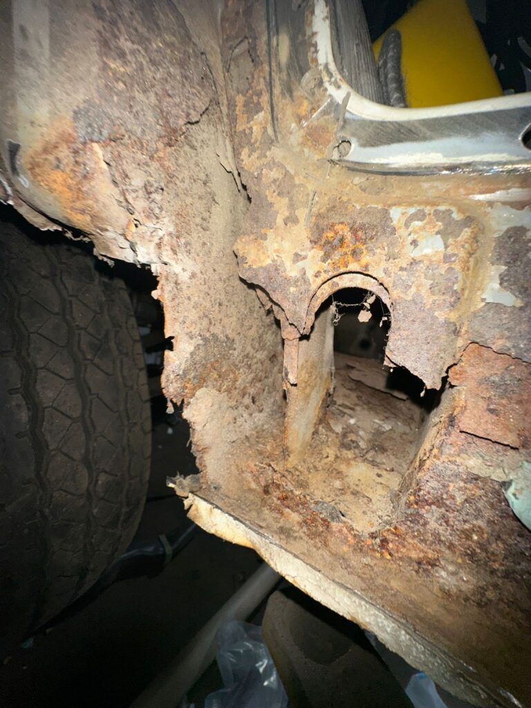 Talbot Express restoration rusted wheel arch and structural metal decay