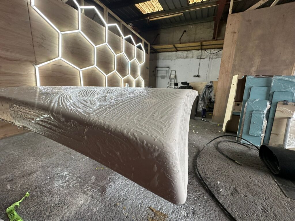 Pop top roof panel freshly prepared and cleaned before colour coding at Kinmel Campers workshop
