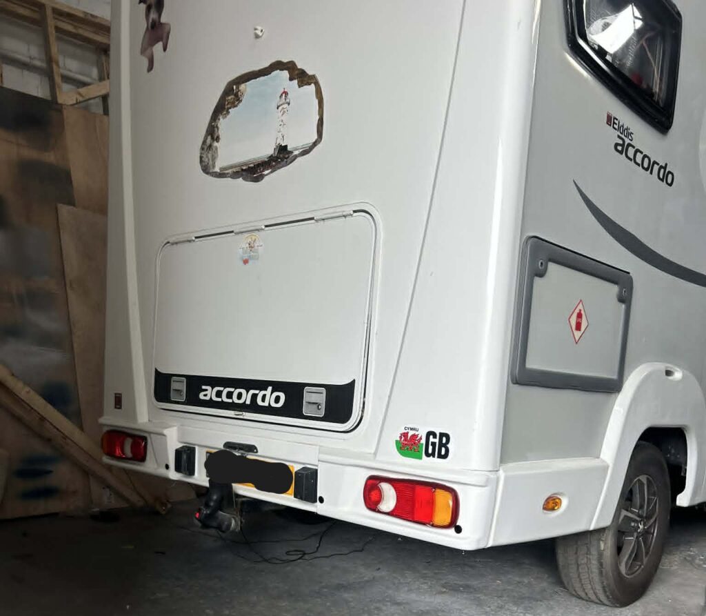 Finished Elddis Accordo rear bumper after professional campervan bumper repair in North Wales